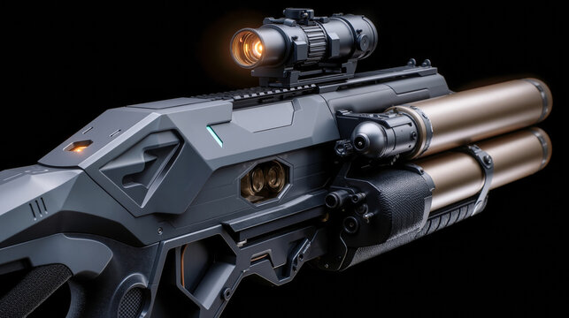 A futuristic gun with a red dot sight on top of it
