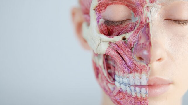 Human head model showing facial anatomy with skin and muscles at study session