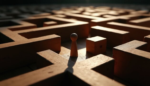 Small wooden figure stands at entrance of complex maze. Paths and dead ends create challenging puzzle. Figure starts journey to find solution and achieve goal.