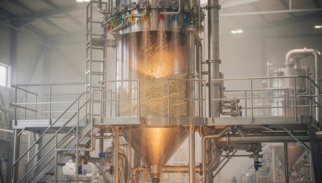 Medium shot of a tower spray dryer transforming liquid dye solutions into fine freeflowing powders using heated air for efficient drying in an industrial setup.