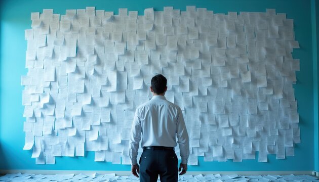 Man faces massive wall covered with papers notes, tasks. Overwhelmed businessman feels stressed, lost in overwhelming overwhelming workload. Too many to do items.