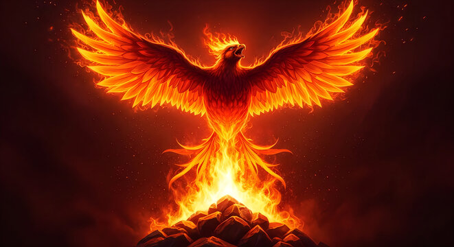 Fiery phoenix rising a symbol of rebirth and immortality in vibrant flames