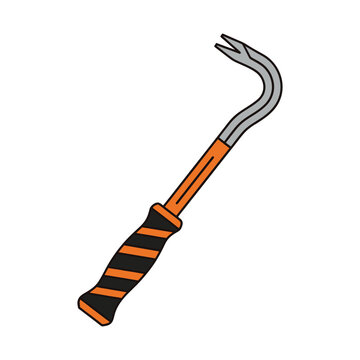 An orange and black handled crowbar with a silver hook end is shown diagonally on a white.