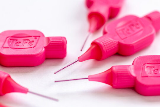 London. UK- April 22. 2026. A macro close up of Te Pe interdental brushes isolated on white.