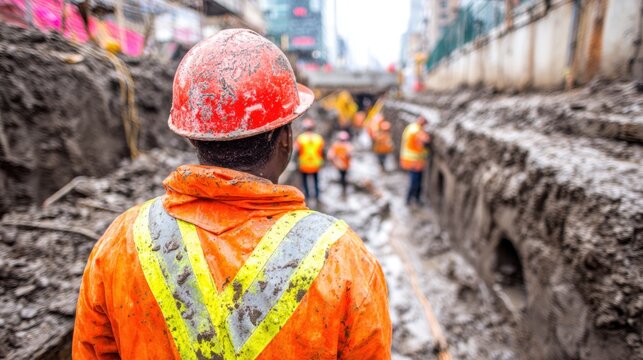 Construction workers in orange uniforms work on a busy city street in winter