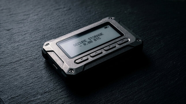 Hardware Cryptocurrency Wallet Device Displaying Secure Storage BTC on Dark Slate Surface Cold Storage Bitcoin Security Product Photography