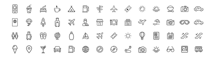 travel and vacation line icons set including airplane, suitcase, camera, car, passport, map, sun, ticket and other travel related symbols on transparent background © gerik_a