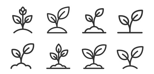 set of growing plant icons with leaves and soil in linear style on transparent background © gerik_a