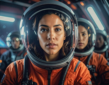 Astronautes en mission dans une capsule spatiale futuriste, gros plan sur une femme astronaute au premier plan