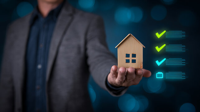 Professional hold miniature house with digital checklist, representing property investment, real estate business, and complete home purchase process