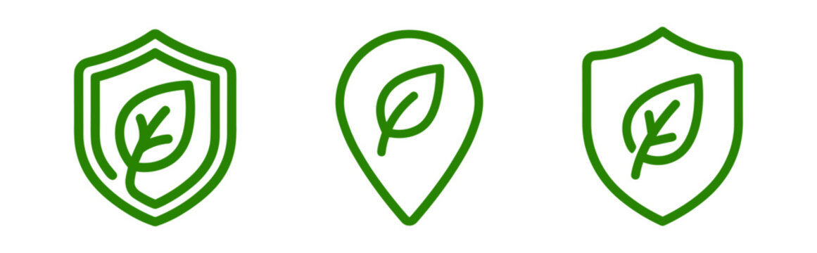green leaf icons with shield protection and location pin outline set on transparent background