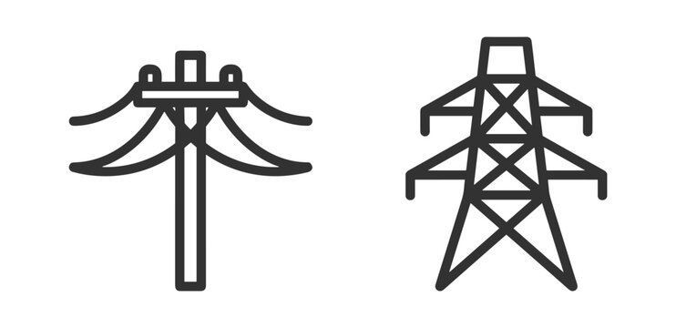 electric power pole and transmission tower icons line art vector illustration on transparent background