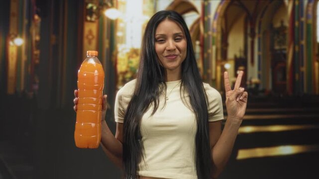 Woman holding a large orange juice bottle in left hand, smiling and flashing a two finger peace sign with her right hand inside a church nave with pews and arches; celebration joy.