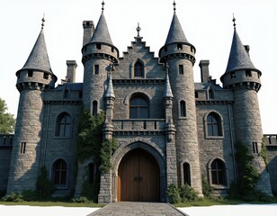 Fototapeta premium Majestic stone castle with tall turrets, arched windows, grand wooden gate. Detailed architecture suggests medieval or fantasy setting. Rich greenery climbs ancient walls. It looks imposing, grand.