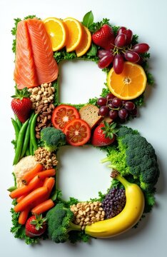 Fresh organic foods form letter B shape. Salmon fish nuts strawberries oranges broccoli carrots form healthy vitamin B complex concept. Balanced diet nutrition.
