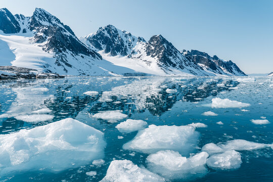 Svalbard, Svalbard and Jan Mayen - 24 April 2026: View of icebergs floating in the calm blue waters of a fjord with snow-covered mountains reflecting on the surface under a clear sky.