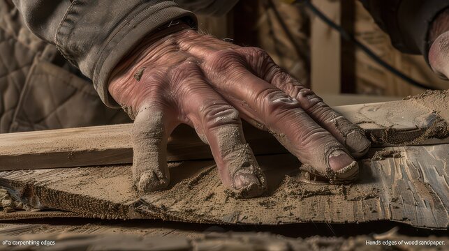 Close-up shot of a carpenter's rough, aged hands covered in sawdust and dust, meticulously sanding and smoothing the edges of wooden planks with focused precision in a workshop setting.