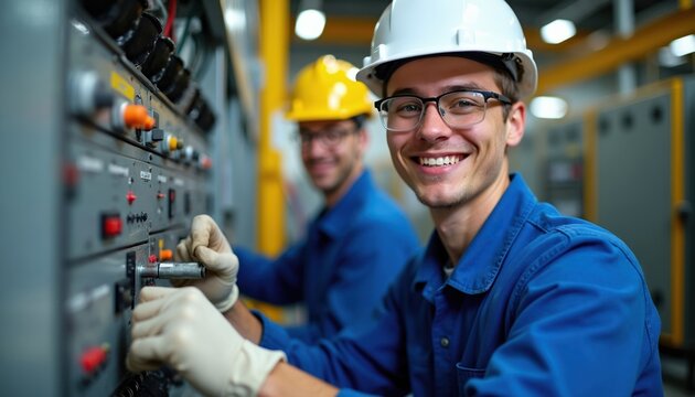 Two young men wear blue work overalls and helmets. One works on electrical panel with gloves. Other man smiles at camera. Both are training for electrical jobs.