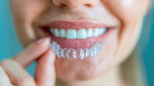 Woman holds clear dental aligner near her smile in a bright setting