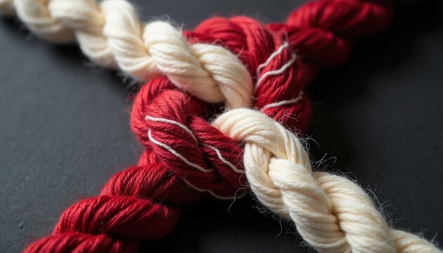 Intertwined red and white yarn strands symbolize unity and strong bonds. This abstract macro shot emphasizes connection and teamwork, ideal for business or creative concepts.
