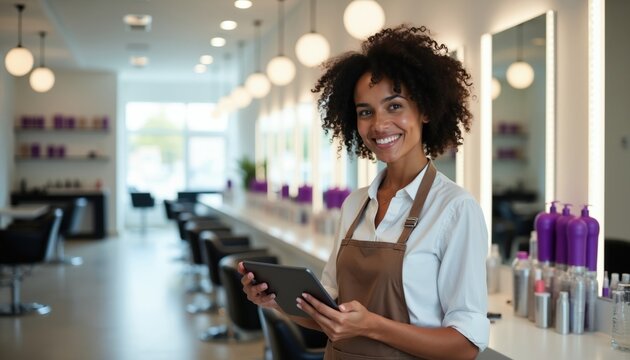 Smiling woman stylist works in modern hair salon holding tablet computer. She uses digital tech for client records managing appointments. Business owner happy confident in bright clean interior.