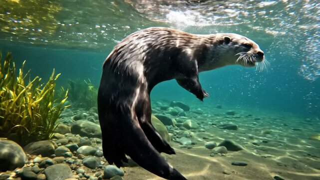 Playful Otter Dives in Clear River Water