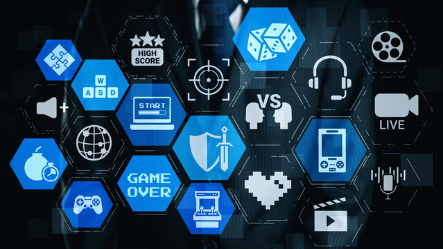 Gaming icons show online gaming, game streaming, and interactive play. Gaming supports esports, game community, and digital gaming experience. Gist