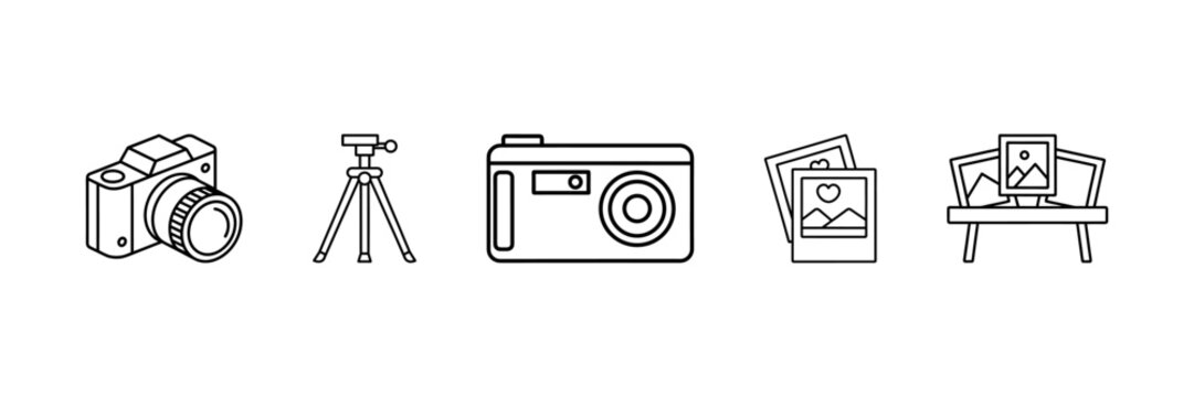 Photography icon set with camera, tripod, instant photo and framed image, clean outline symbols for visual content creation.