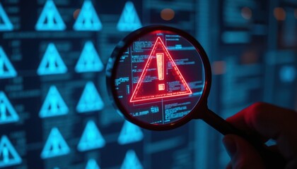 System engineer inspects digital network for cyber security threats. Magnifying glass reveals red warning triangle with exclamation mark. Digital data flow shows an error or risk.