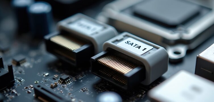 Computer motherboard SATA port connection closeup. Electronic circuit board detail with hardware components and cables. Data transfer and system upgrade concept.