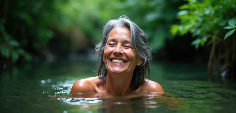 Smiling woman enjoys cold water immersion in lush green nature. Her joyful face and wet hair show pure happiness and rejuvenation. She finds peace in this tranquil aquatic environment.