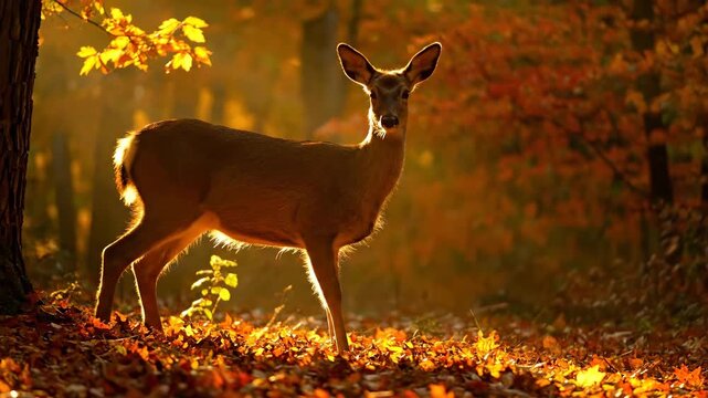 Female deer foraging in an autumn forest. Wild doe standing among fallen orange leaves during golden hour. Cinematic wildlife nature footage