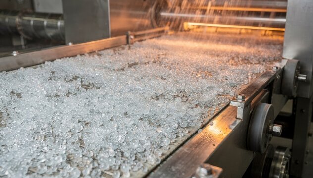 Medium shot of silica gel beads drying on a conveyor belt as hot air circulates to harden the porous hydrogel into stable moistureabsorbing granules.