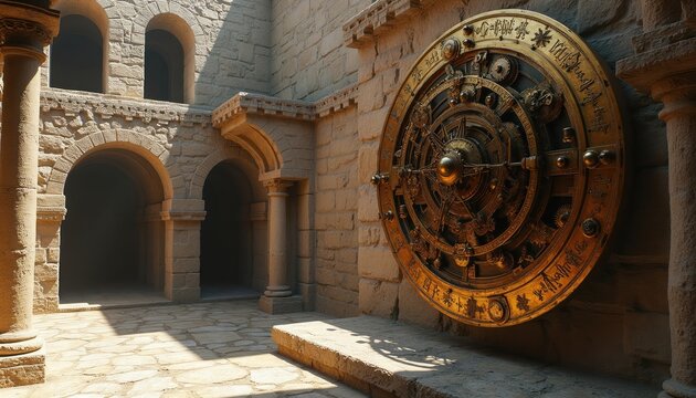 Ornate bronze Antikythera mechanism device with intricate gears, engraved markings mounted on ancient stone wall in sunlit courtyard. Complex ancient Greek astronomical calculator offers glimpse into