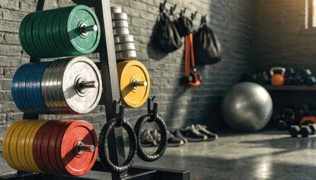 Focused weights rack in a home gym corner with seasonal training gear scattered blurred in background emphasizing flexible fitness rentals.