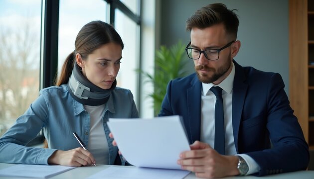 Woman with neck brace and lawyer review papers in office. Client seeks legal advice for injury compensation or insurance claim. Pro consultation meeting.