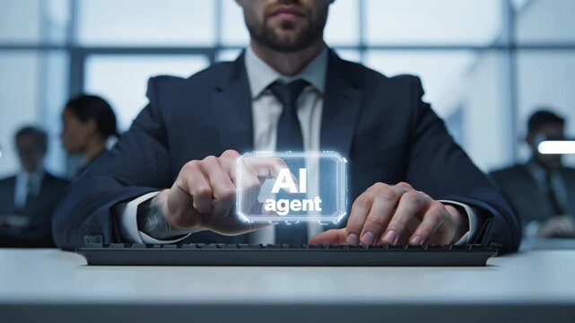 A businessman working at a desk, keyboard, and the description AI Agent