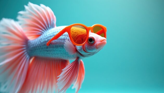 Betta fish wears sunglasses, showing cool summer vibe. This pet fish enjoys warm weather, vacation mood, and bright colors. Animal portrait with fun expression.