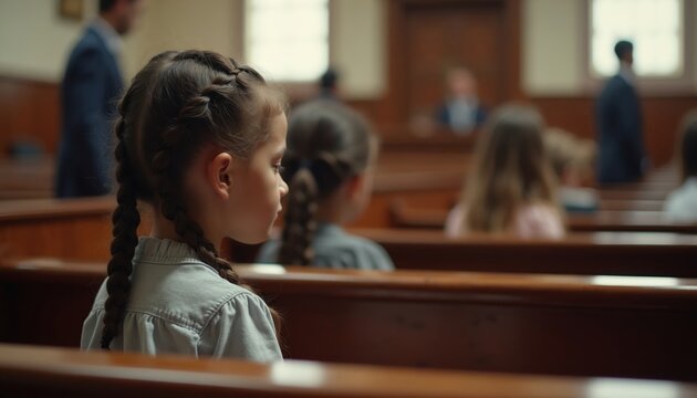 Young girls sit in courtroom pews. Children attend legal hearing on child custody. Family separation challenges legal system fairness for kids.