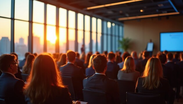 Business conference hall with audience watching presentation at large window during sunset. People listen attentively to speaker on stage, bathed in warm golden hour light.