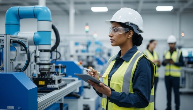 Female industrial engineer using tablet in modern automated factory