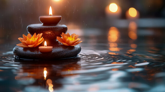 Serene spa arrangement featuring stacked dark stones adorned with vibrant orange lotus flowers and flickering candles, floating on rippling water with soft, glowing bokeh lights and gentle rain in bac