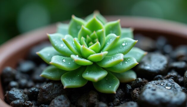 Close up of green succulent plant with water droplets on its leaves. The plant grows in dark soil and stones with a blurred natural background. Healthy plant detail for home decor.