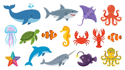 Fototapeta premium Vibrant Ocean Life Collection: Cartoon Sea Animals in Flat Design Illustration Set