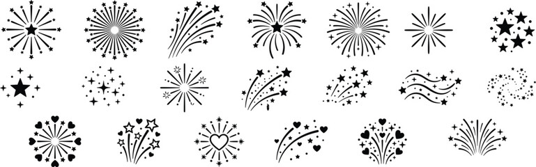 Silhouette icons of fireworks bursts, spark trails, and celebratory explosion designs with stars and hearts © MSTRAMANA