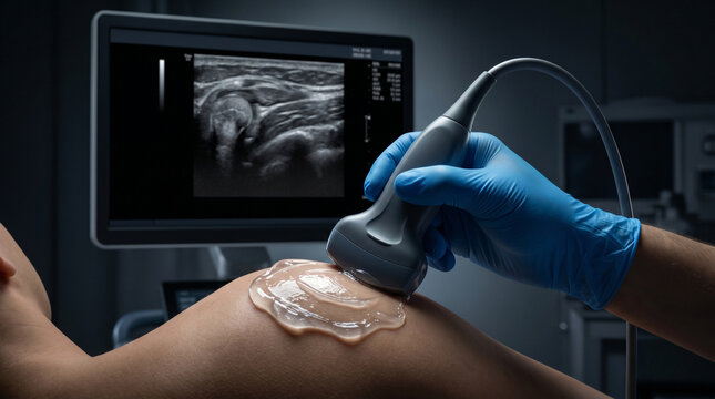 Medical Professional Performing Ultrasound Scan On Patients shoulder In Clinic For Diagnostic Procedures , Ultrasound Scan and Medical Imaging Diagnostic Procedure , Healthcare Technology, Sonography