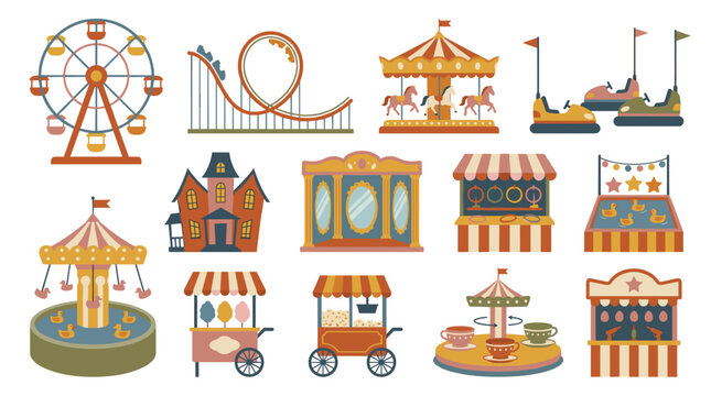 Cartoon amusement park rides collection isolated : Ferris wheel rollercoaster