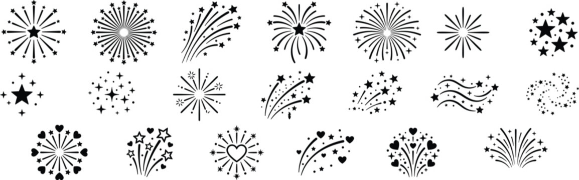 Silhouette icons of fireworks bursts, spark trails, and celebratory explosion designs with stars and hearts