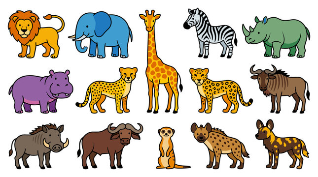 Vibrant collection of cute cartoon African safari animals on a