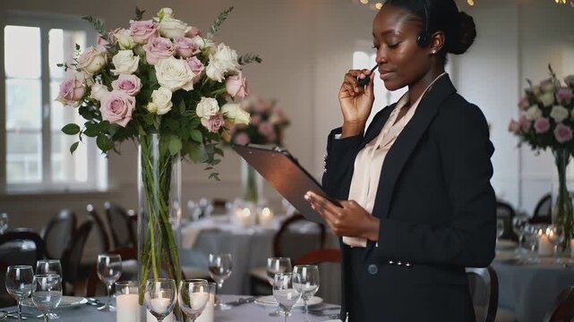 Planning a wedding event in a decorated venue with floral arrangements and elegant table settings